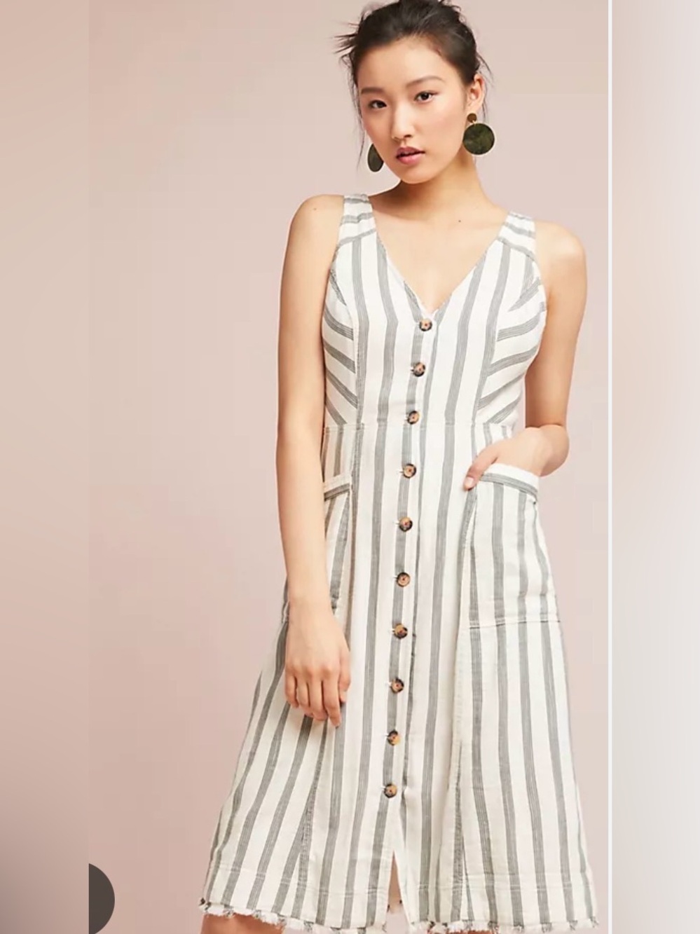 Anthropologie Maeve Striped V-Neck Button-Front Summer Dress in White and Gray